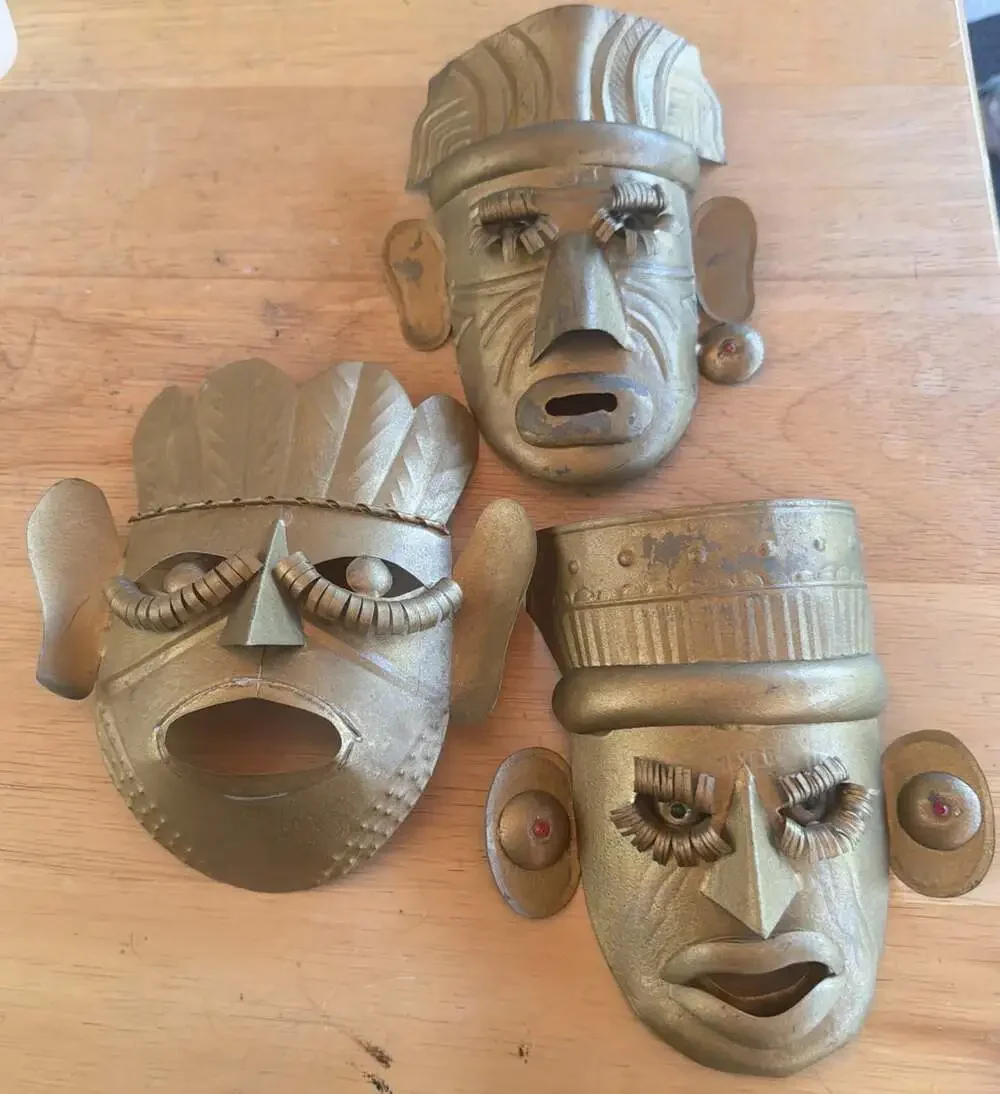 3 VNTG Mexican Tin Metal Masks Beaded Eyes Folk Art Primitive Style Tribal 6”x5”